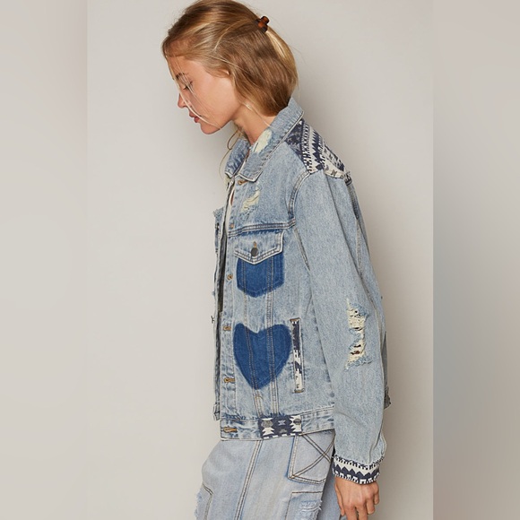 111. POL LAST 1! Coat Jacket Blue Scratched Pockets Heart Distressed Long Sleeve - Picture 7 of 9